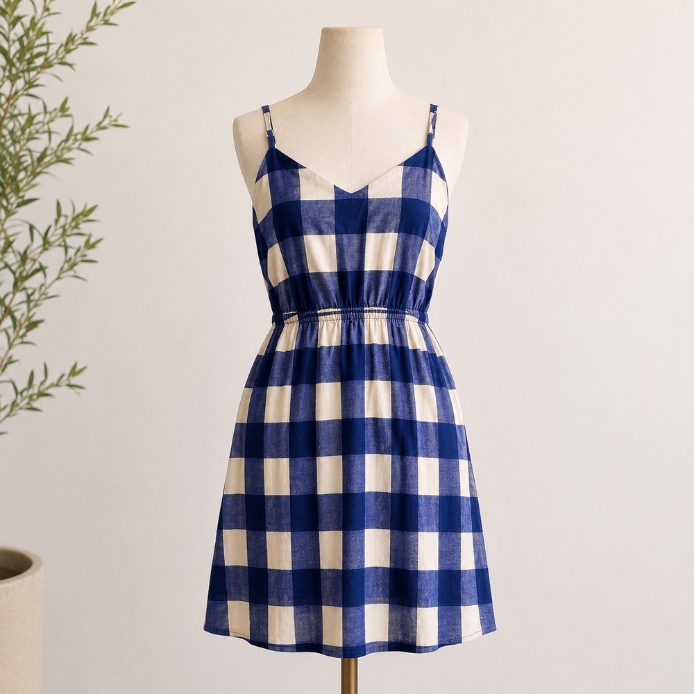 Gap Gingham Cami Dress S Navy White Linen Blend Elastic Waist Summer Sundress